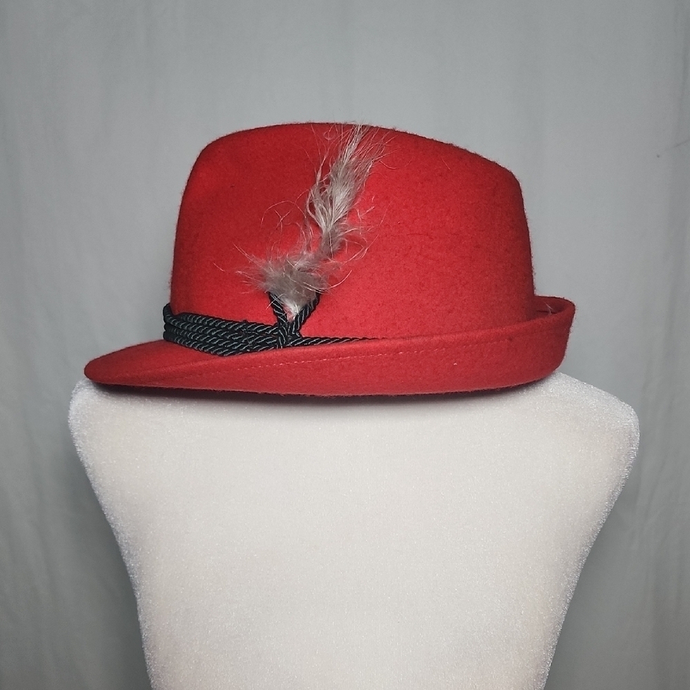 Classic Red Fedora Hat with Feather Accent
